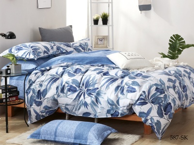 КПБ Cleo сатин набивной "Satin de Luxe" полуторный 150*210*1 160*230*1(±5) 70*70*2(±2) (15/587-SK, Цветы, Синий)