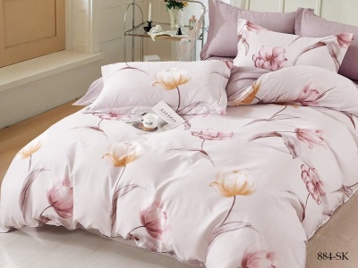 КПБ Cleo сатин набивной "Satin de Luxe" полуторный 150*210*1 160*230*1(±5) 70*70*2(±2) (15/884-SK, Цветы, Розовый)