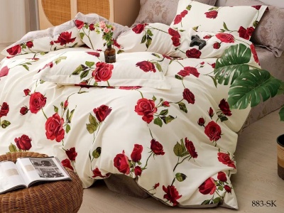 КПБ Cleo сатин набивной "Satin de Luxe" полуторный 150*210*1 160*230*1(±5) 70*70*2(±2) (15/883-SK, Цветы, Белый)