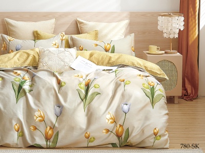 КПБ Cleo сатин набивной "Satin de Luxe" двуспальный 180*210*1 230*240*1(±5) 70*70*2(±2) (20/780-SK, Цветы, Бежевый)