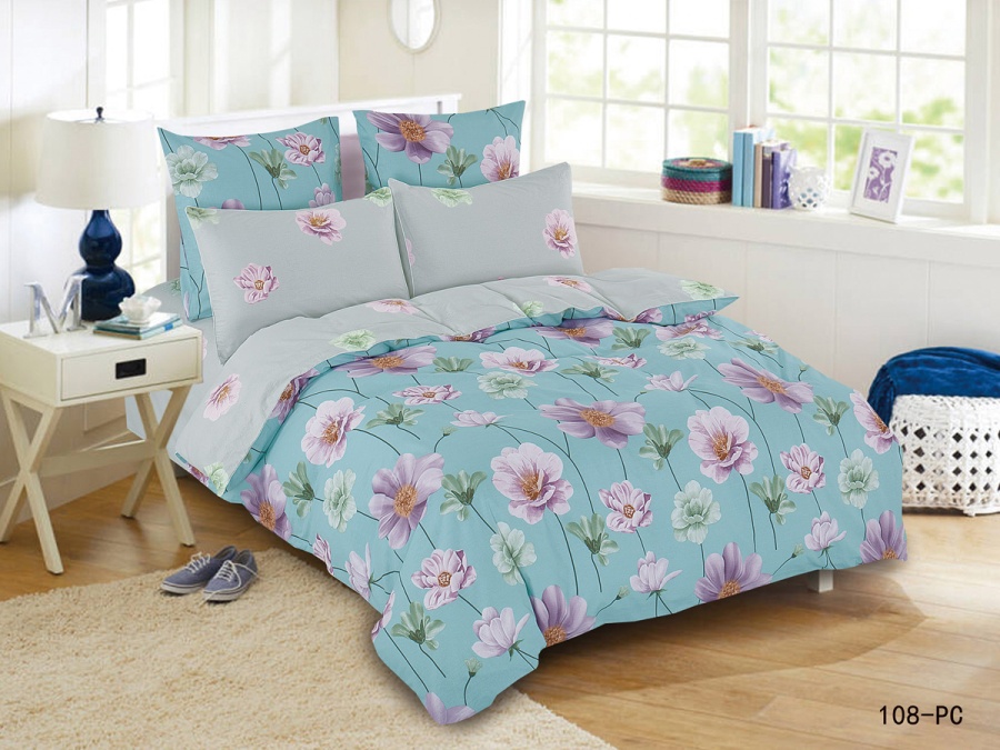 КПБ Cleo Поплин "Pure Cotton" евро 200*220*1 220*240*1(±5) 70*70*2(±2) в ПВХ (30/108-PC, Цветы, Голубой)