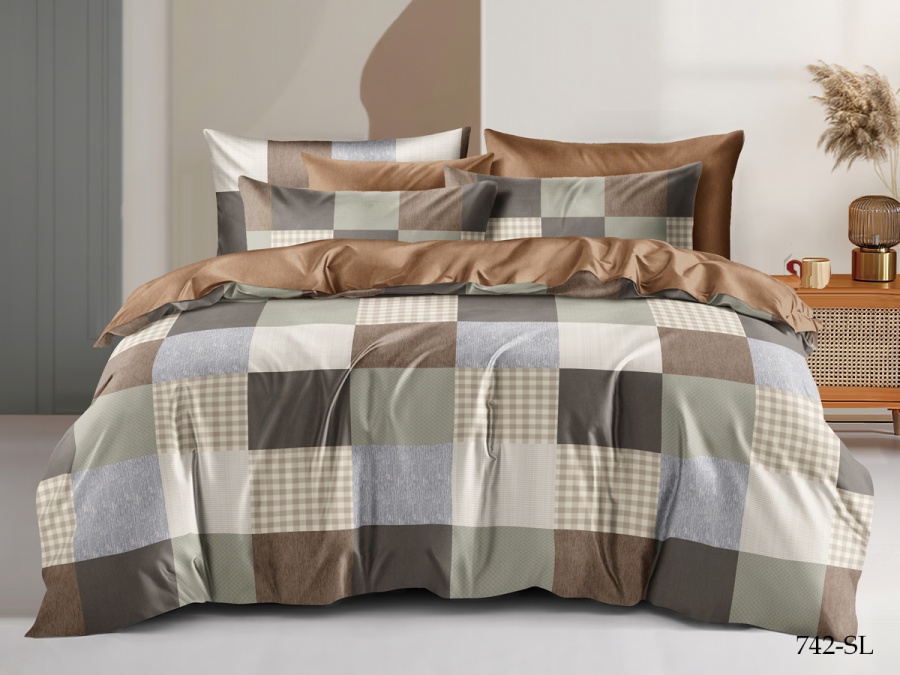 КПБ Cleo сатин набивной "Satin Lux" полуторный 145*215*1 150*220*1(±5) 70*70*2(±2) (CL15/742-SL, Клетка, Бежевый)